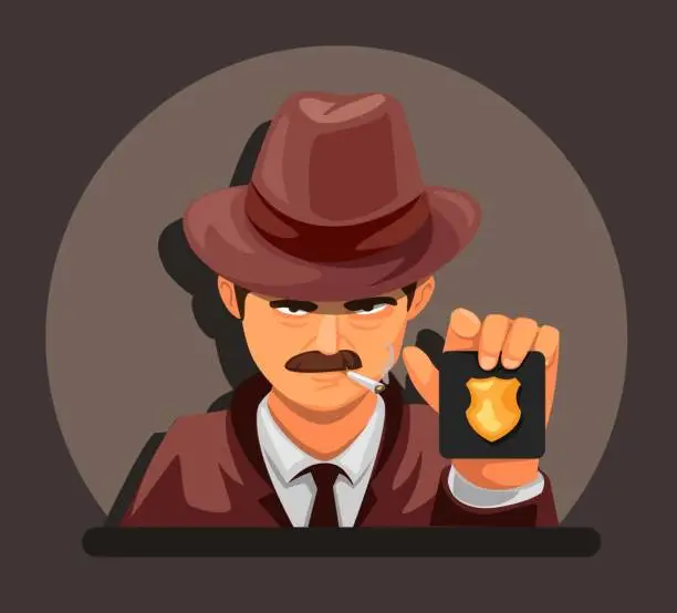 Vector illustration of Detective showing police badge. criminal case investigation agent character concept in cartoon illustration vector