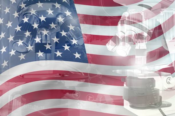 istock Microscope on USA flag - science development conceptual background. Research in biochemistry or medicine, 3D illustration of object 1283030733