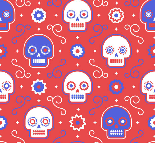 Seamless Dia de Los Muertos spooky skull background design pattern.