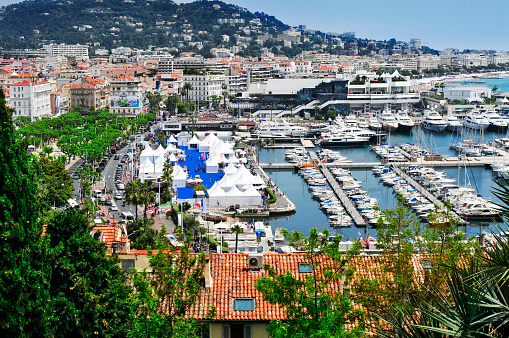 Cannes, France - May 14, 2015: Aerial view of the old harbor and the marina, full of luxury yachts, during the 68 edition of the Cannes Film Festival