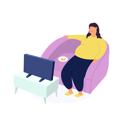 Obese young woman, fat girl sitting on couch and watching tv. Food addiction, obesity and eating and nutritional disorder concept. Eating behavior problem, fatness and overeating. Flat cartoon vector illustration.