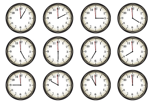 Vector set of clock face. Old classic wall clock. Different times on the clock. Stock image. EPS 10