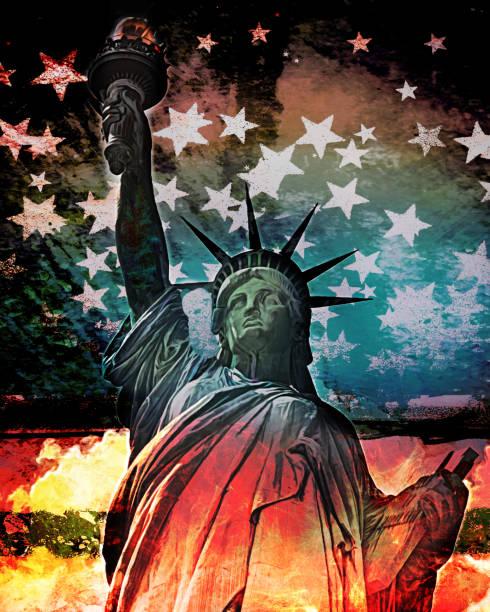 istock Statue of Liberty Against Abstract American Flag 1283037694