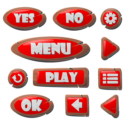 Cartoon set of wooden buttons for games. Signs with an arrows for finding paths.Empty or blank, transparent isolated wooden boards. Cartoon wooden blank banners/ Vector illustration