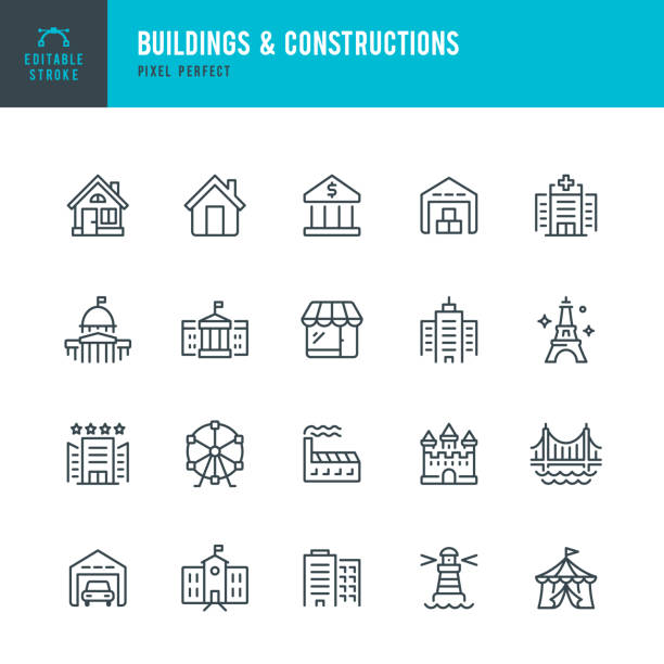 建物と建設 - 細い線ベクトルアイコンセット。ピクセルパーフェクト。編集可能なストローク。セットにはアイコンが含まれています: 住宅建物, 銀行, 超高層ビル, 工場, 病院, ホワイトハウ� - 建築点のイラスト素材／クリップアート素材／マンガ素材／アイコン素材