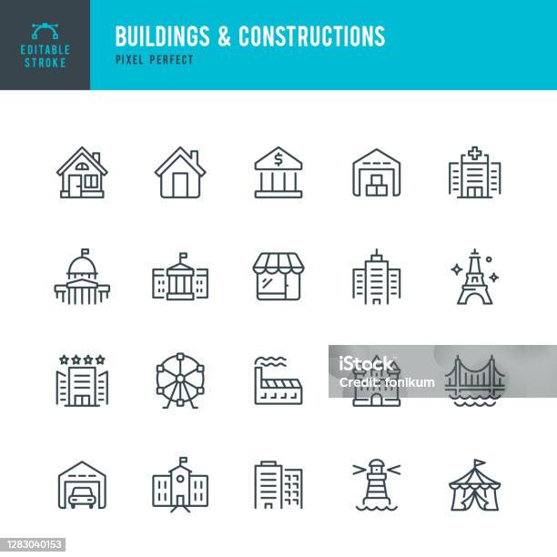 Buildings Constructions Thin Line Vector Icon Set Pixel Perfect Editable Stroke The Set Contains Icons Residential Building Bank Skyscraper Factory Hospital White House Capitol Store Castle Warehouse Lighthouse Eiffel Tower Bridge Sc Stock Illustration - Download Image Now