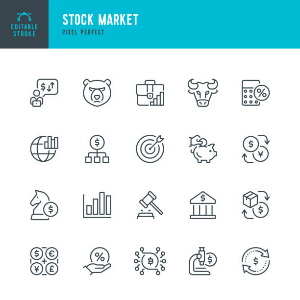 illustrations, cliparts, dessins animés et icônes de stock market - jeu d’icônes vectorielles de ligne mince. pixel parfait. trait modifiable. l’ensemble contient des icônes : bourse et bourse, bull, bear, banque, investissement, blockchain, diagramme, finance, crypto-monnaie. - marteau de juge