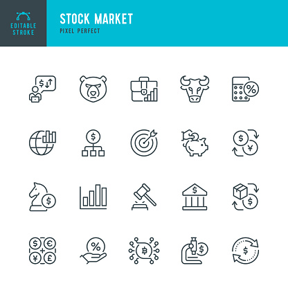 Stock Market - thin line vector icon set. 20 linear icon. Pixel perfect. Editable outline stroke. The set contains icons: Stock Market and Exchange, Bull, Bear, Bank,  Investment, Blockchain, Diagram, Finance, Cryptocurrency.