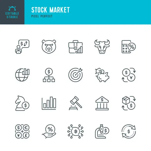 Vector illustration of Stock Market - thin line vector icon set. Pixel perfect. Editable stroke. The set contains icons: Stock Market and Exchange, Bull, Bear, Bank,  Investment, Blockchain, Diagram, Finance, Cryptocurrency.