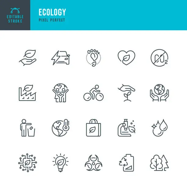 Vector illustration of ECOLOGY - thin line vector icon set. Pixel perfect. Editable stroke. The set contains icons: Ecology, Climate Change, Environmental Conservation, Alternative Energy, Green Technology.