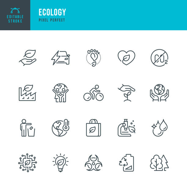 ecology - bộ biểu tượng vector đường mỏng. pixel hoàn hảo. nét vi  ền có thể chỉnh sửa. bộ này chứa các biểu tượng: sinh thái học, biến đổi khí hậu, bảo tồn môi trường, năng lượng thay thế, công  - tính bền vững hình minh họa sẵn có