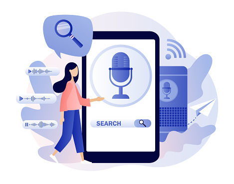 Voice assistant concept. Tiny woman use voice controlled, search, activated digital assistants, voice identification in smartphone app. Modern flat cartoon style. Vector
