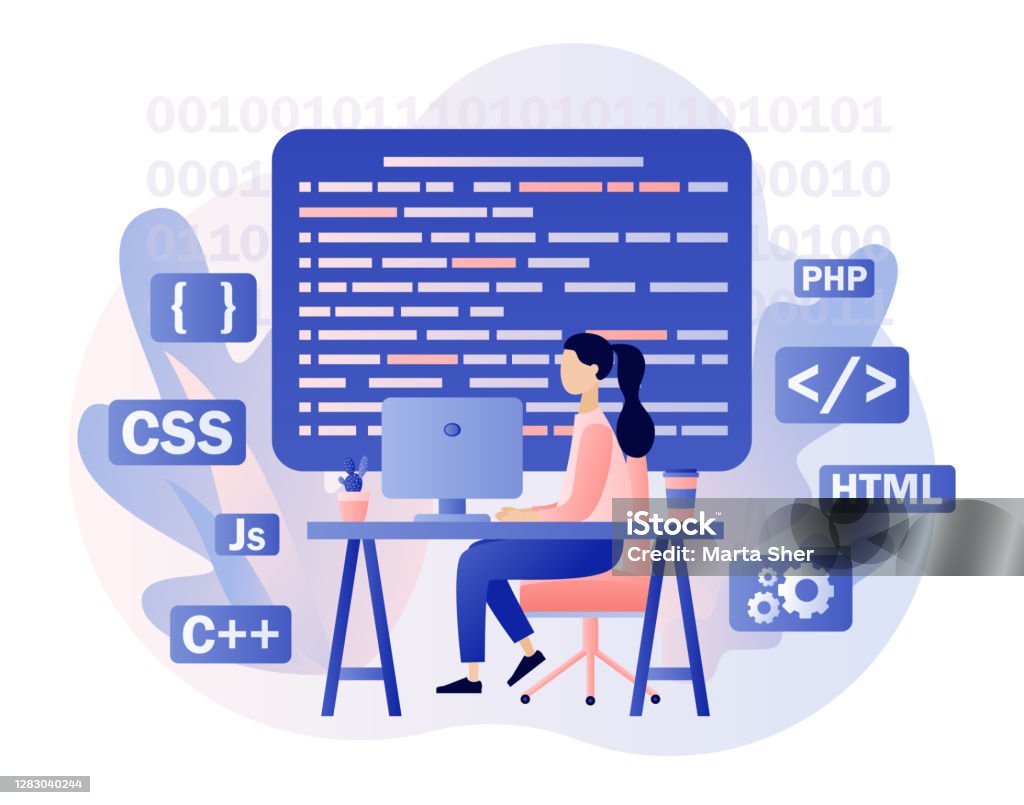 Programming And Engineering Development Tiny Girl Programmer Or Developer  Create Code Programming Language Php Html C Css Js Modern Flat Cartoon  Style Vector Illustration On White Background Stock Illustration - Download  Image