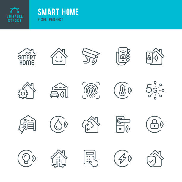 SMART HOME - thin line vector icon set. Pixel perfect. Editable stroke. The set contains icons: Smart Home, Ecosystem, Remote Control, Wireless Technology, Security System, Internet of Things. SMART HOME - thin line vector icon set. 20 linear icon. Pixel perfect. Editable outline stroke. The set contains icons: Smart Home, Ecosystem, Remote Control, Wireless Technology, Security System, Internet of Things, Keyless Access, Energy Efficient. electricity symbols stock illustrations