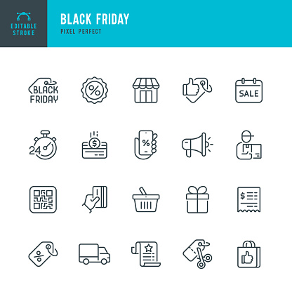 BLACK FRIDAY - thin line vector icon set. 20 linear icon. Pixel perfect. Editable outline stroke. The set contains icons: Black Friday, Shopping, Best Price, Discounts, Best Seller, Gift, Delivery.