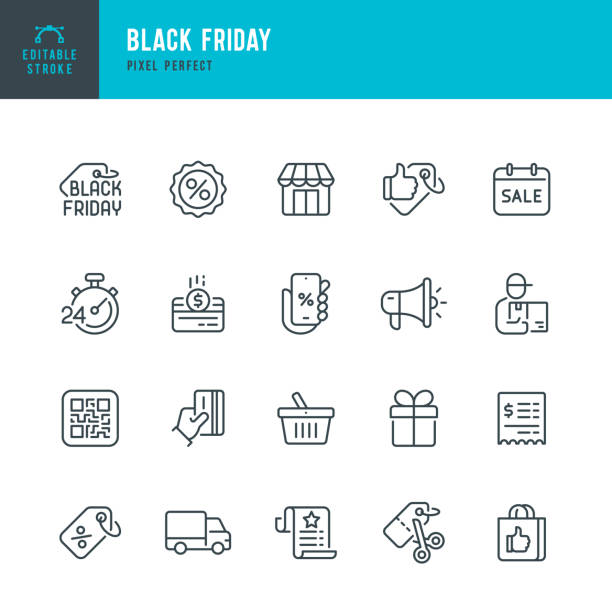 BLACK FRIDAY - thin line vector icon set. Pixel perfect. Editable stroke. The set contains icons: Black Friday, Shopping, Best Price, Discounts, Best Seller, Gift, Delivery. BLACK FRIDAY - thin line vector icon set. 20 linear icon. Pixel perfect. Editable outline stroke. The set contains icons: Black Friday, Shopping, Best Price, Discounts, Best Seller, Gift, Delivery. sale stock illustrations