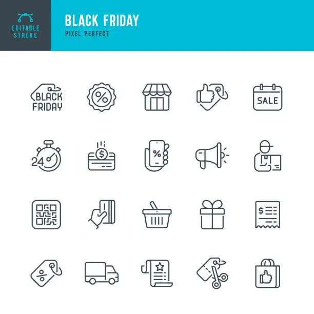 Vector illustration of BLACK FRIDAY - thin line vector icon set. Pixel perfect. Editable stroke. The set contains icons: Black Friday, Shopping, Best Price, Discounts, Best Seller, Gift, Delivery.
