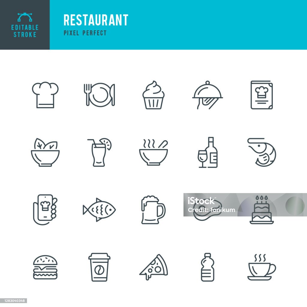 RESTAURANT - 얇은 선 벡터 아이콘 세트. 픽셀 완벽. 편집 가능한 스트로크. 레스토랑, 피자, 햄버거, 고기, 생선, 해산물, 채식 음식, 샐러드, 커피, 디저트, 수프, 맥주, 알코올 : 세트는 아이콘이 포� - 로열티 프리 아이콘 벡터 아트