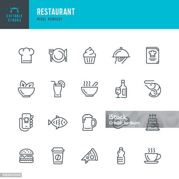 Restaurant Thin Line Vector Icon Set Pixel Perfect Editable Stroke The Set Contains Icons Restaurant Pizza Burger Meat Fish Seafood Vegetarian Food Salad Coffee Dessert Soup Beer Alcohol Stock Illustration - Download Image Now