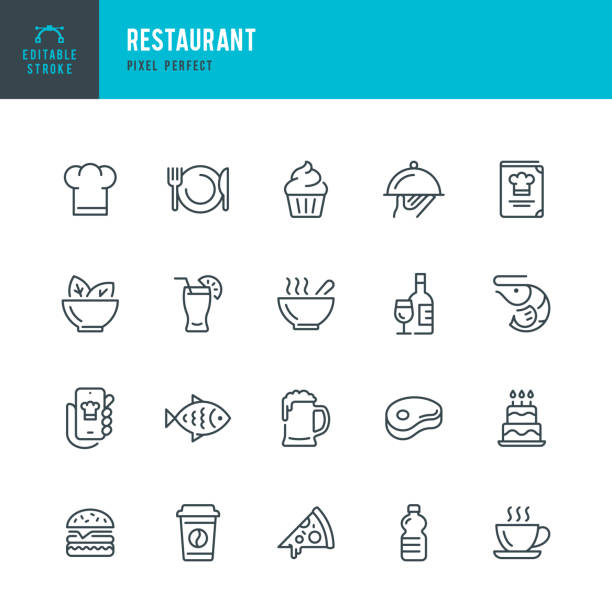 餐廳 - 細線向量圖示集。圖元完美。可編輯描邊。這套包含圖示: 餐廳, 披薩, 漢堡, 肉, 魚, 海鮮, 素食, 沙拉, 咖啡, 甜點, 湯, 啤酒, 酒精. - 食品 圖片 幅插畫檔、美工圖案、卡通及圖標