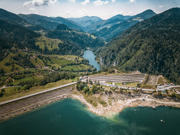 Aerial view of Lazica brana dam and Spajici lake in Tara mountain region stock photo