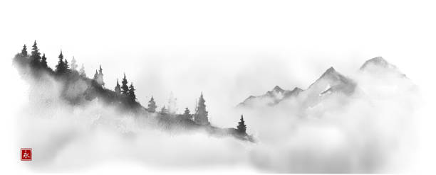 istock Mountain slope with pine trees. Traditional oriental ink painting sumi-e, u-sin, go-hua. Translation of hieroglyph - silence 1283043386