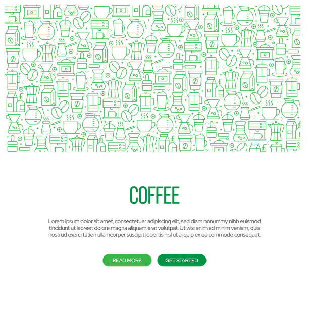 kaffee verwandte banner design mit muster. moderne linie stil icons vektor-illustration - caffeine cafe restaurant breakfast stock-grafiken, -clipart, -cartoons und -symbole