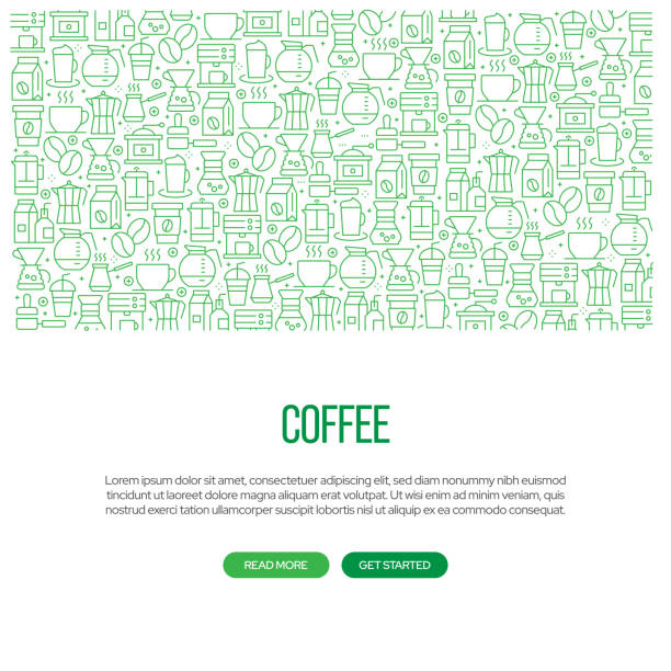 ilustrações de stock, clip art, desenhos animados e ícones de coffee related banner design with pattern. modern line style icons vector illustration - coffee backgrounds cafe breakfast