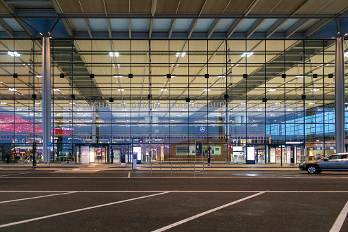 The photo shows the facade of the new airport Berlin Brandenburg Willy Brandt Flughafen.