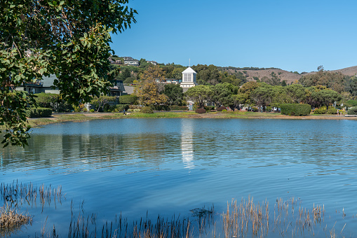 The San Francisco Bay in Tiburon California. A church Is seen at the back of the water inlet. Marin County Californian.