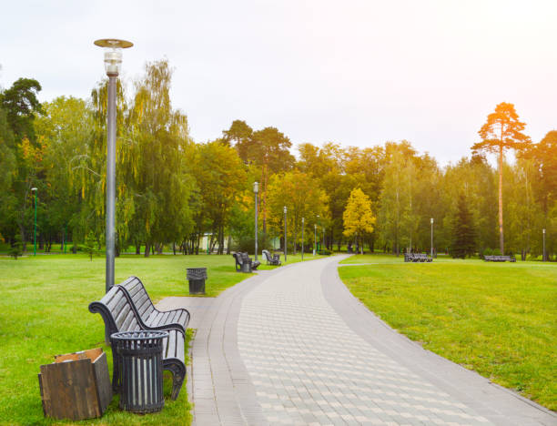istock walk in the autumn park with benches. autumn landscape 1283048309