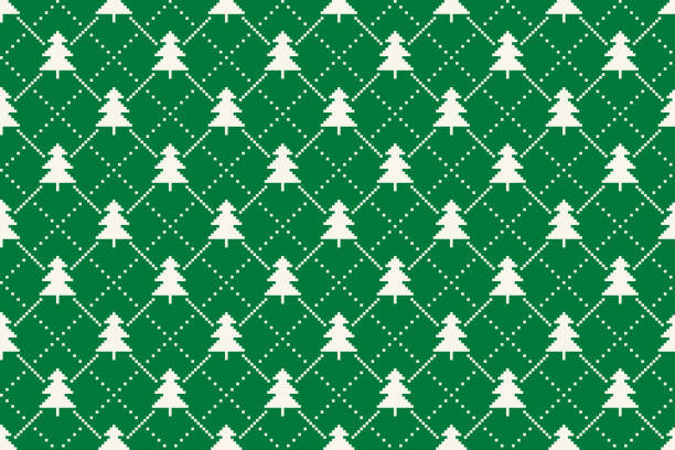 ilustrações de stock, clip art, desenhos animados e ícones de winter holiday pixel pattern with christmas trees argyle ornament. vector seamless holiday design background. - christmas pattern