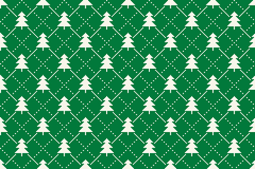 Winter Holiday Pixel Pattern with Christmas Trees Argyle Ornament. Vector Seamless Holiday Design Background