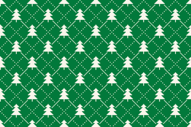 Winter Holiday Pixel Pattern with Christmas Trees Argyle Ornament. Vector Seamless Holiday Design Background. Winter Holiday Pixel Pattern with Christmas Trees Argyle Ornament. Vector Seamless Holiday Design Background christmas pattern pixel stock illustrations