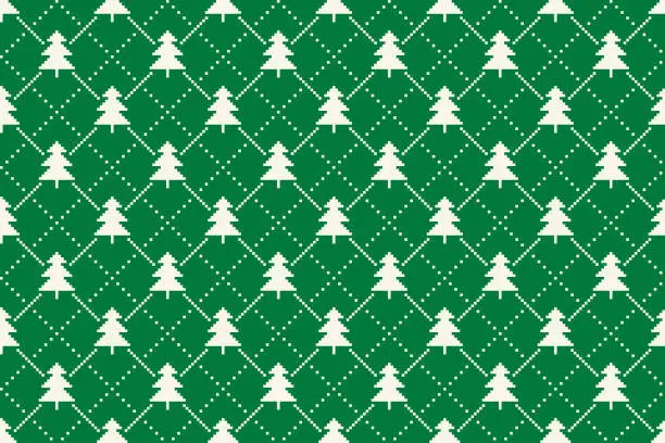 Vector illustration of Winter Holiday Pixel Pattern with Christmas Trees Argyle Ornament. Vector Seamless Holiday Design Background.