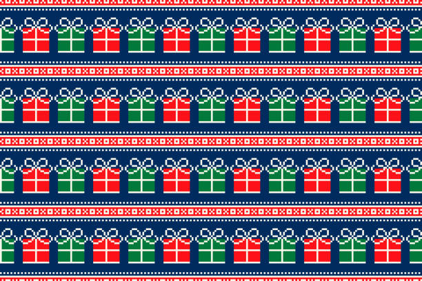 Ugly Christmas Sweater Party Pixel  Pattern Design. Gift Boxes Seamless Ornament. Ugly Christmas Sweater Party Pixel  Pattern Design. Gift Boxes Seamless Ornament christmas pattern pixel stock illustrations