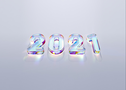 New year 2021 celebration. Modern style caustic effect crystals 3d numeral 2021 on white background. 3D rendering