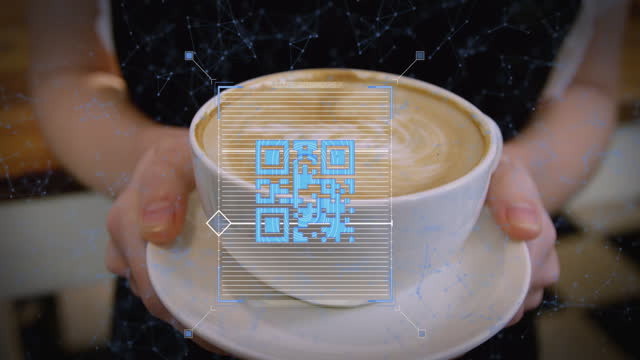 Animation of QR code with web connection over woman holding cup of coffee