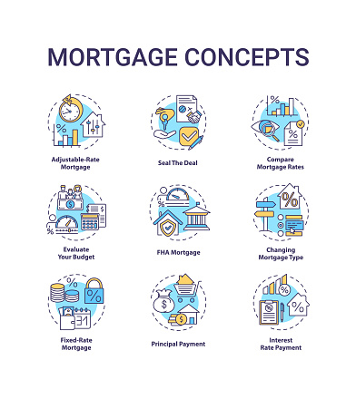 Mortgage concept icons set. Loan housing idea thin line RGB color illustrations. Adjustable-rate mortgage. Seal deal. Compare loan rates. Vector isolated outline drawings. Editable stroke