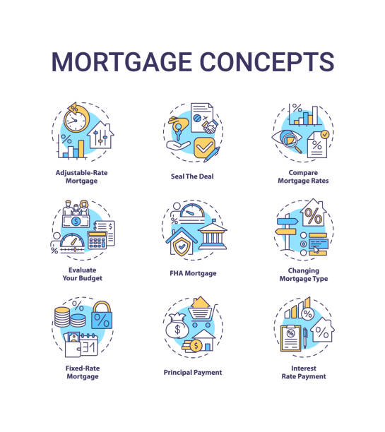 Mortgage concept icons set Mortgage concept icons set. Loan housing idea thin line RGB color illustrations. Adjustable-rate mortgage. Seal deal. Compare loan rates. Vector isolated outline drawings. Editable stroke adjustable stock illustrations