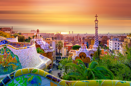 View of the city from Park Guell in Barcelona, Spain