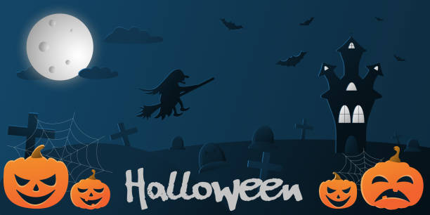 istock Vector flat illustration with a gradient on the theme of halloween, blue background with the image of a flying witch in the sky, a castle, bats and pumpkins 1283054164