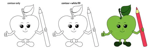 Vector illustration of Set of funny smiling kawaii apples holding pencil in doodle style.