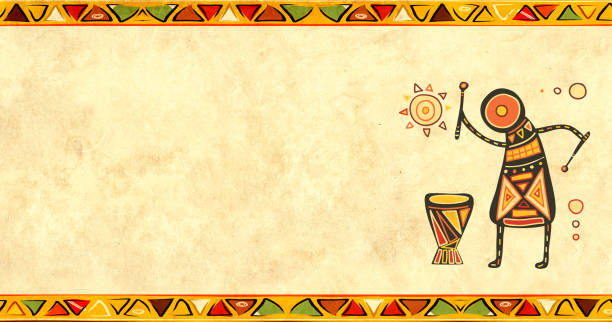 Grunge background with African traditional patterns Horizontal banner with musician and vintage paper texture. Grunge background with African traditional patterns and paper texture of yellow color. Copy space for your text african musical instrument stock pictures, royalty-free photos & images