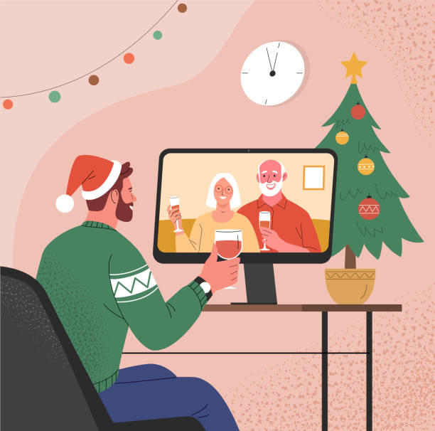 Online Christmas celebration. Vector illustration of man in cozy winter sweater and Santa hat talking with his elderly parents via  computer from home in trendy flat style. Isolated on background christmas family party stock illustrations