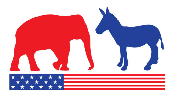 Election Donkey And Elephant Icon Vector illustration of political elephant and donkey symbol standing above an american flag banner. government silhouettes stock illustrations