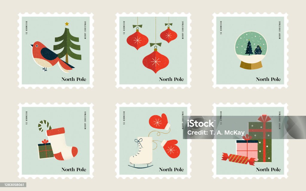 Weihnachts-Briefmarken für Mailing Briefe an den Weihnachtsmann am Nordpol mit Schlittschuhen, Schneekugeln, Geschenke, Strümpfe, Ornamente, Weihnachtsbäume und Vögel - Lizenzfrei Weihnachten Vektorgrafik