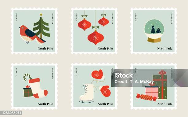 Weihnachtsbriefmarken Für Mailing Briefe An Den Weihnachtsmann Am Nordpol Mit Schlittschuhen Schneekugeln Geschenke Strümpfe Ornamente Weihnachtsbäume Und Vögel Stock Vektor Art und mehr Bilder von Weihnachten