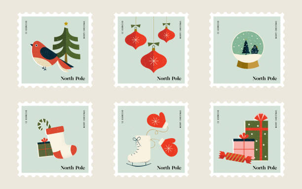 znaczki świąteczne do listów pocztowych do świętego mikołaja na biegunie północnym z łyżwami, śnieżnymi kulami, prezentami, pończochami, ornamentami, choinkami i ptakami - zima ilustracje stock illustrations