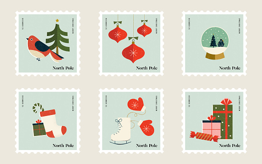 Christmas Stamps for Mailing Letters to Santa at the North Pole Featuring ice skates, snow globes, gifts, stockings, ornaments, christmas trees and birds